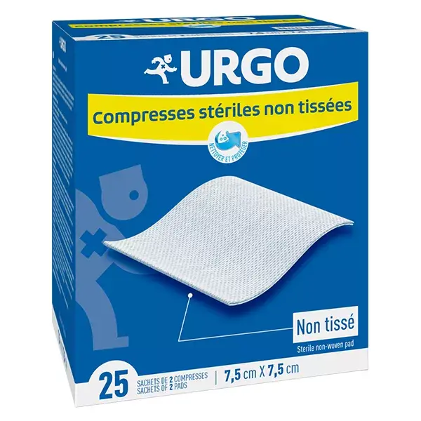 Compressas estéreis de tecido não tecido Urgo Nursing Care, 7,5 x 7,5 cm, 25 sachês.