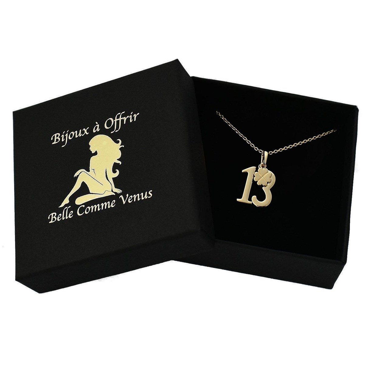 Collier chiffre 13 et trèfle porte-bonheur Plaqué OR 750 3 microns