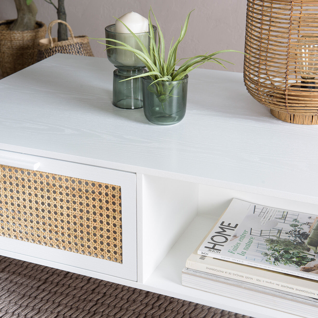 Macabane Table basse cannage rotin Sandro blanche - 100x60x40 cm