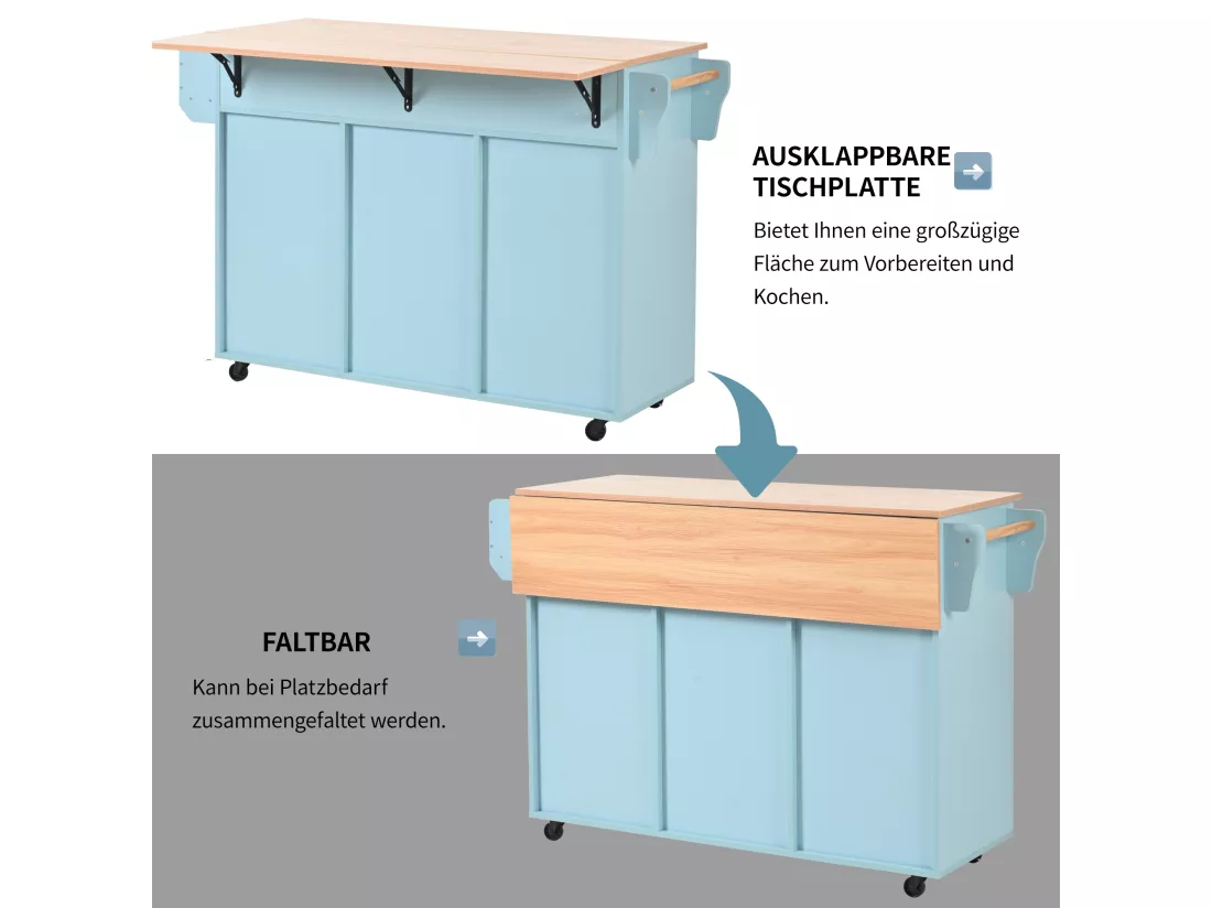 Ilot central de cuisine mobile avec 2 portes et 3 tiroirs - plateau extensible - 129x46/71x91,5 cm - Bois MDF + métal - Bleu + naturel