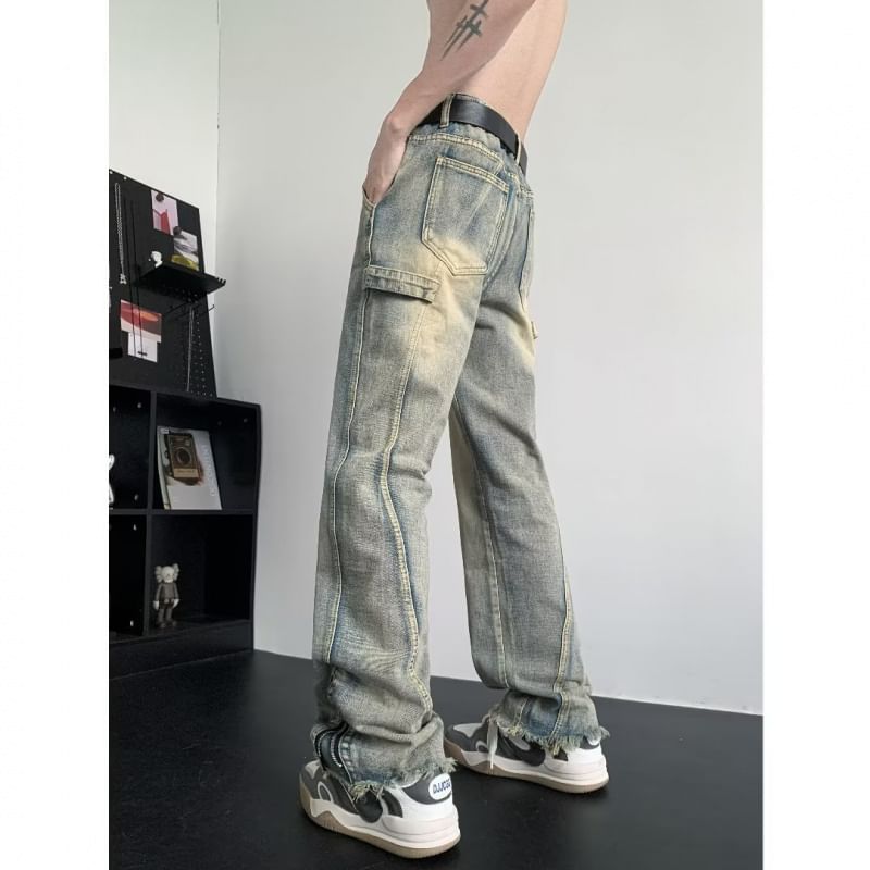 Bay Go Mall - Low Rise Washed Fray Zip Slit Straight Leg Jeans
