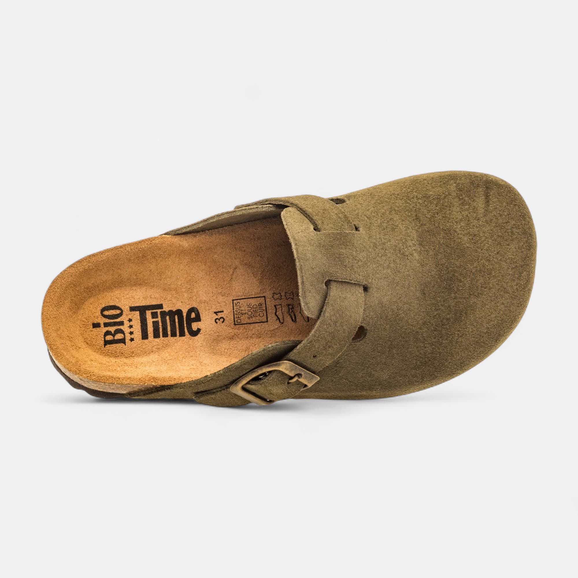Mules semelle liège Garçon en cuir kaki