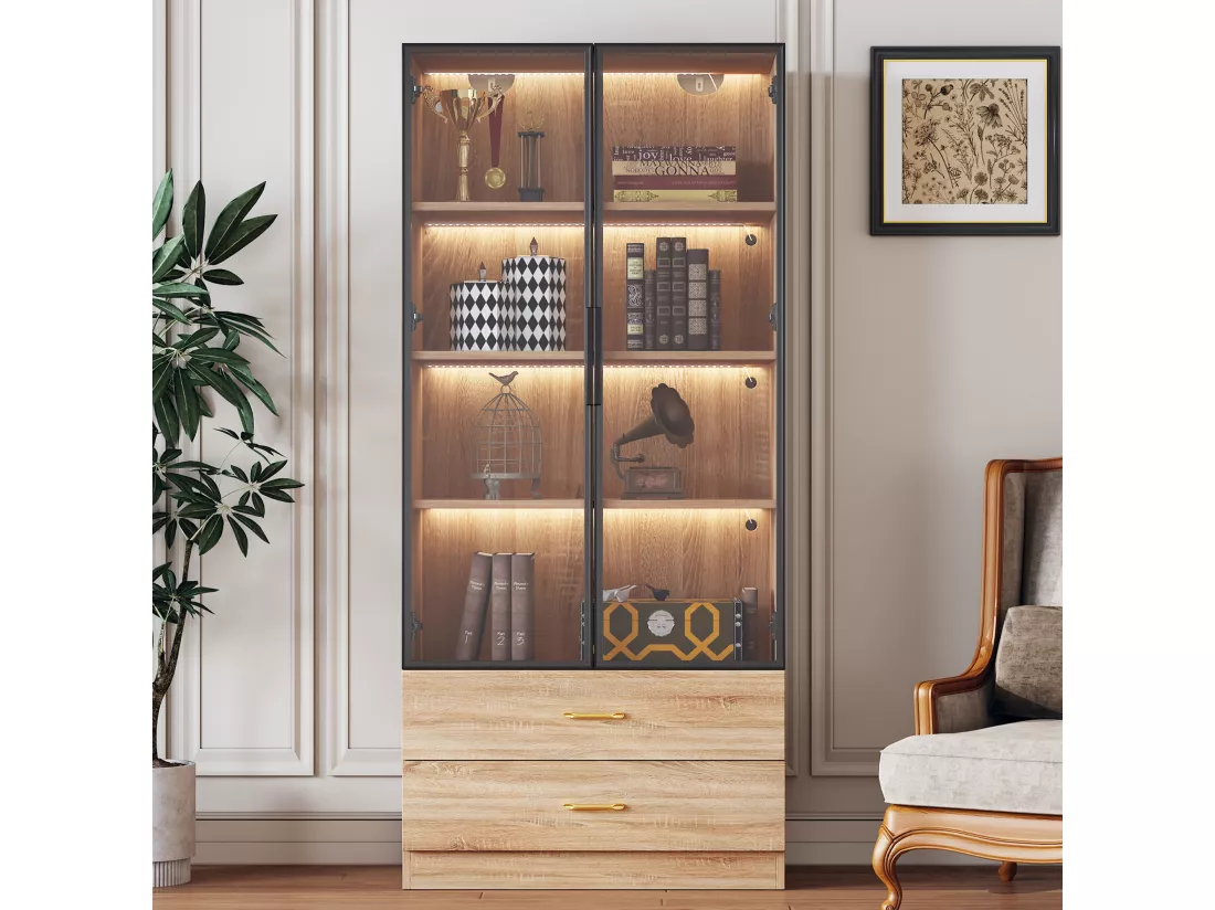 Vitrine, buffet haut avec 2 tiroirs et 2 portes en verre - 75 X 34.5 X 170 cm - Bois MDF - Marron