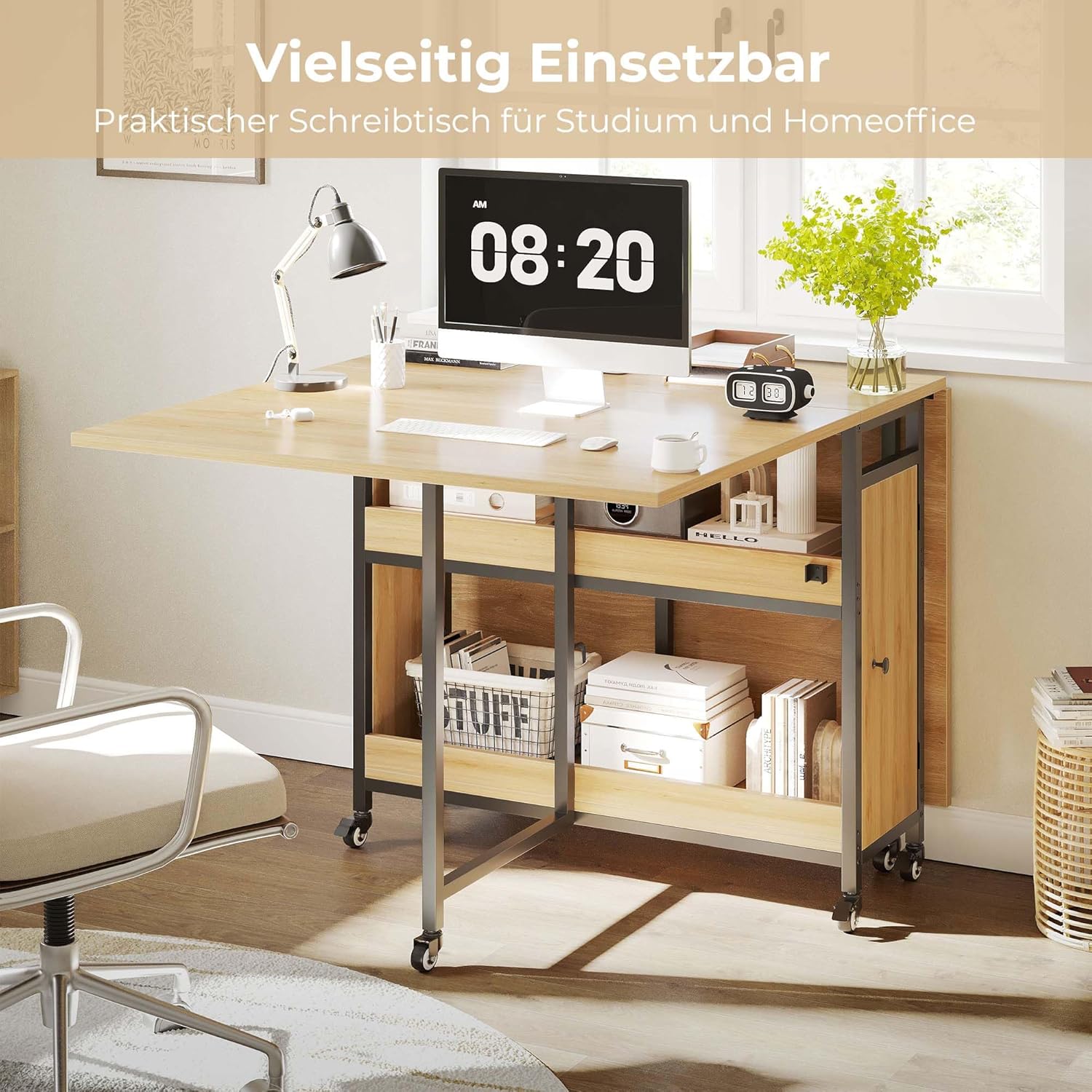 HSH Klappbarer Esstisch Klapptisch Küche Mit Stauraum Küchentisch Klappbar mit 2 Regalen und Rollen Mobiler Tish aus Holz und Metall Platzsparender Für Küche Wohnzimmer Wohnung Eichenoptik 130cm