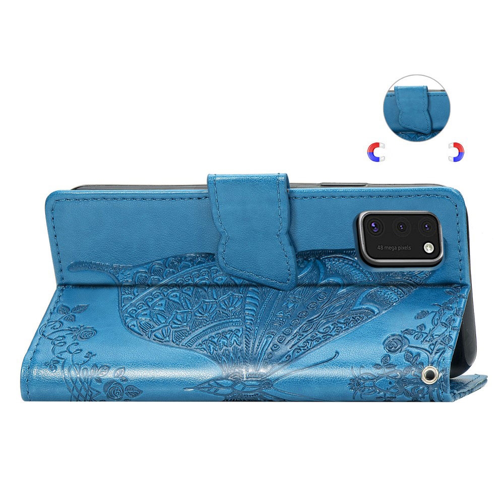 Samsung Galaxy A41 Leder Tasche Flip Cover Schmetterlinge Imprint - Blau