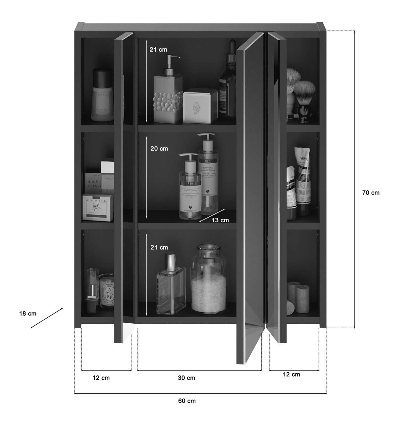 Spiegelschrank Linus inkl. Beleuchtung Schwarz Hochglanz 60x56x34 cm