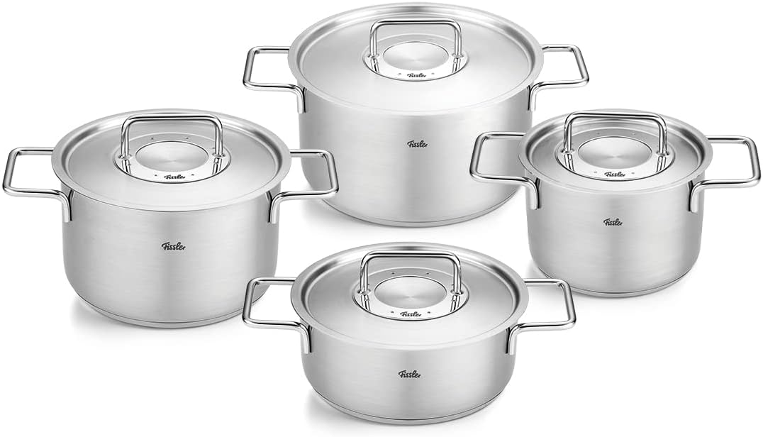 Fissler Pure Collection/Edelstahl-Kochtopfset, 4-teilig, Töpfe mit Metall-Deckel (3 Kochtöpfe,1 Bratentopf) - Induktion