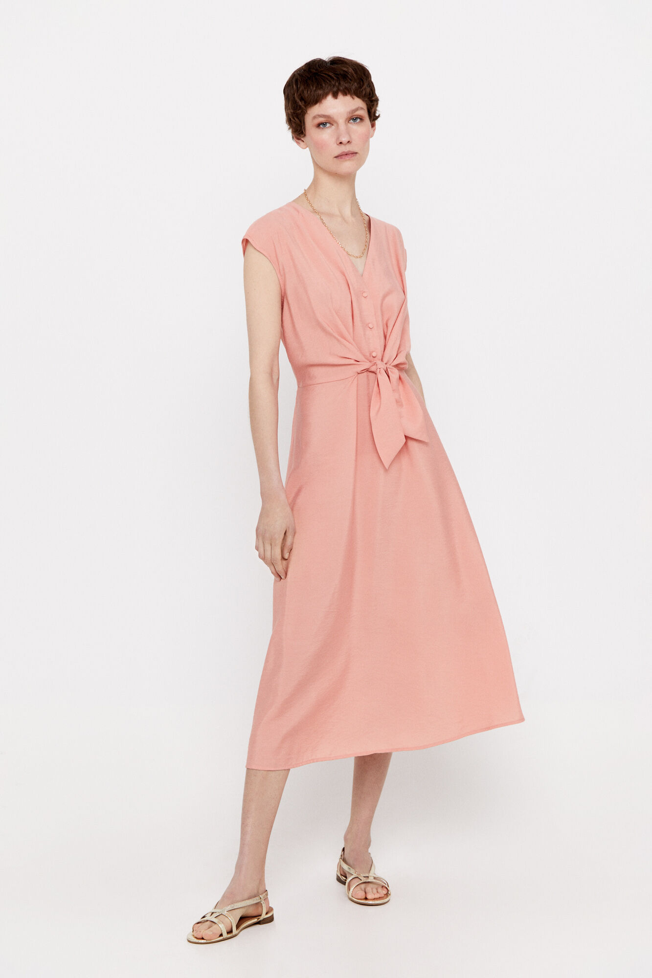 Vestido com amarração na cintura - Coral