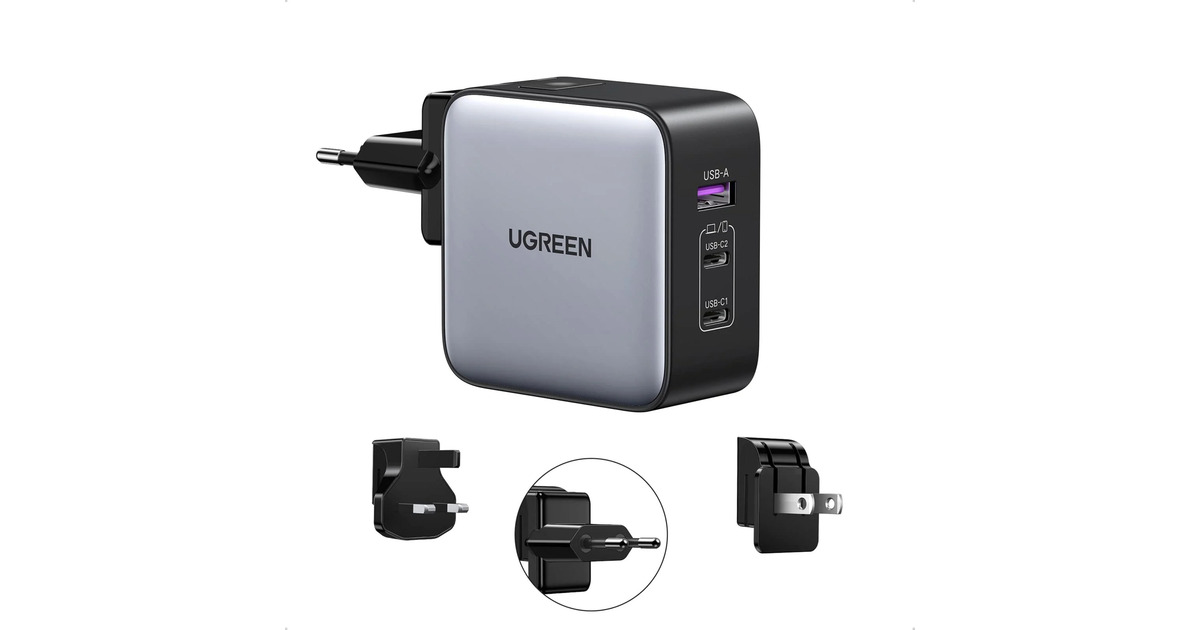 UgreenNexode 65W USB C GaN Oplader met 3 poorten met EU/US/UK Stekker  (Zilver/zwart)