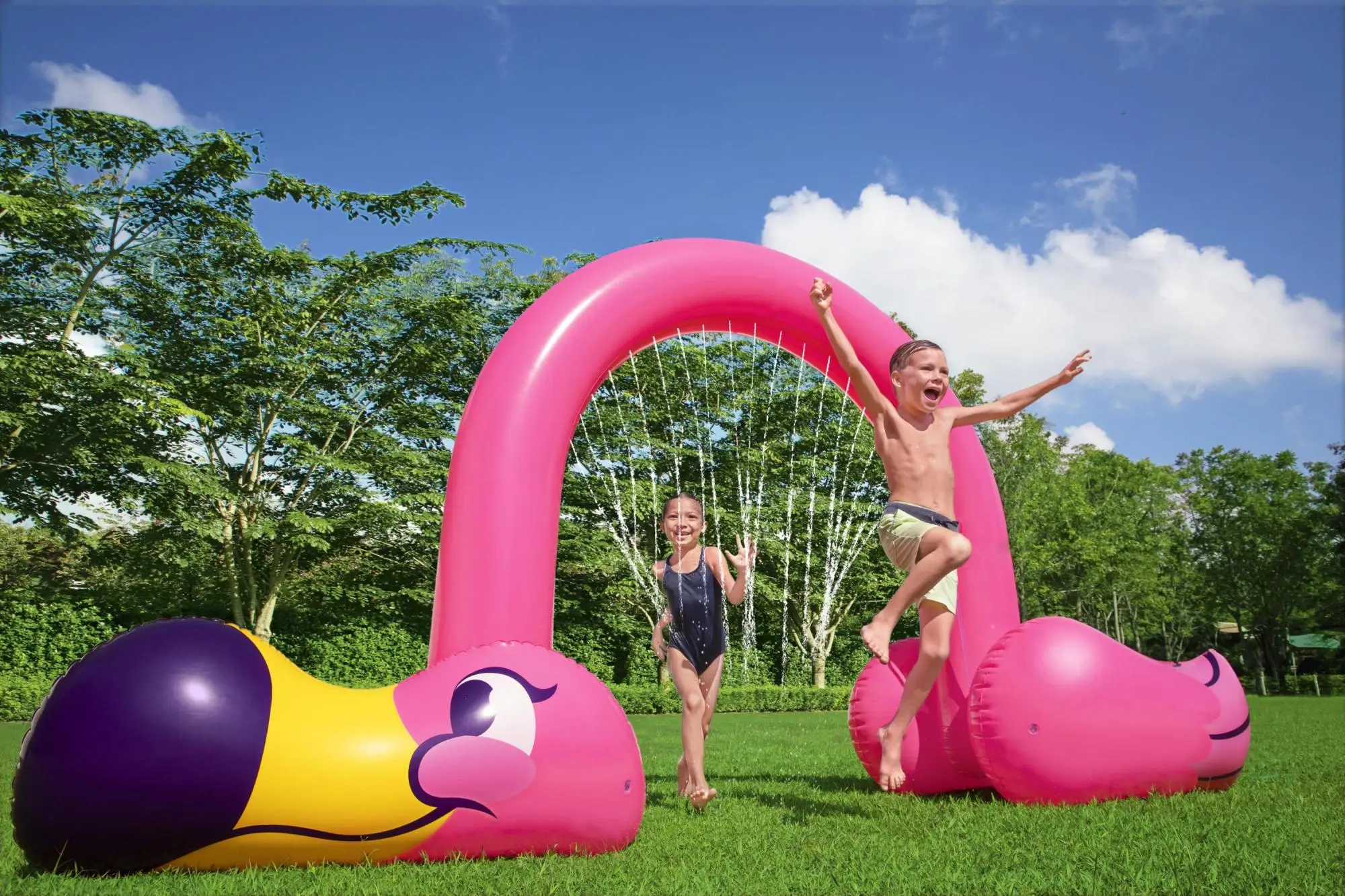 Arco de aspersor inflável gigante em forma de flamingo rosa da H2OGO! para crianças