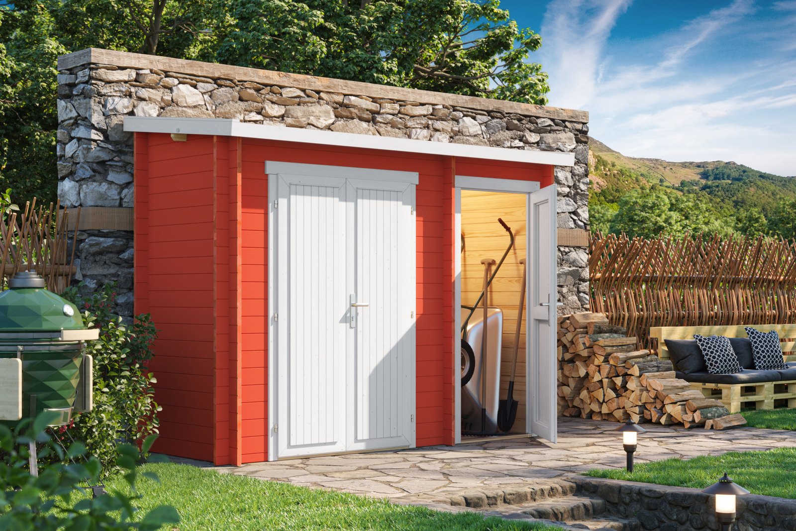 Blockbohlenhaus - schwedenrot - Fichtenholz massiv - 300x105 cm