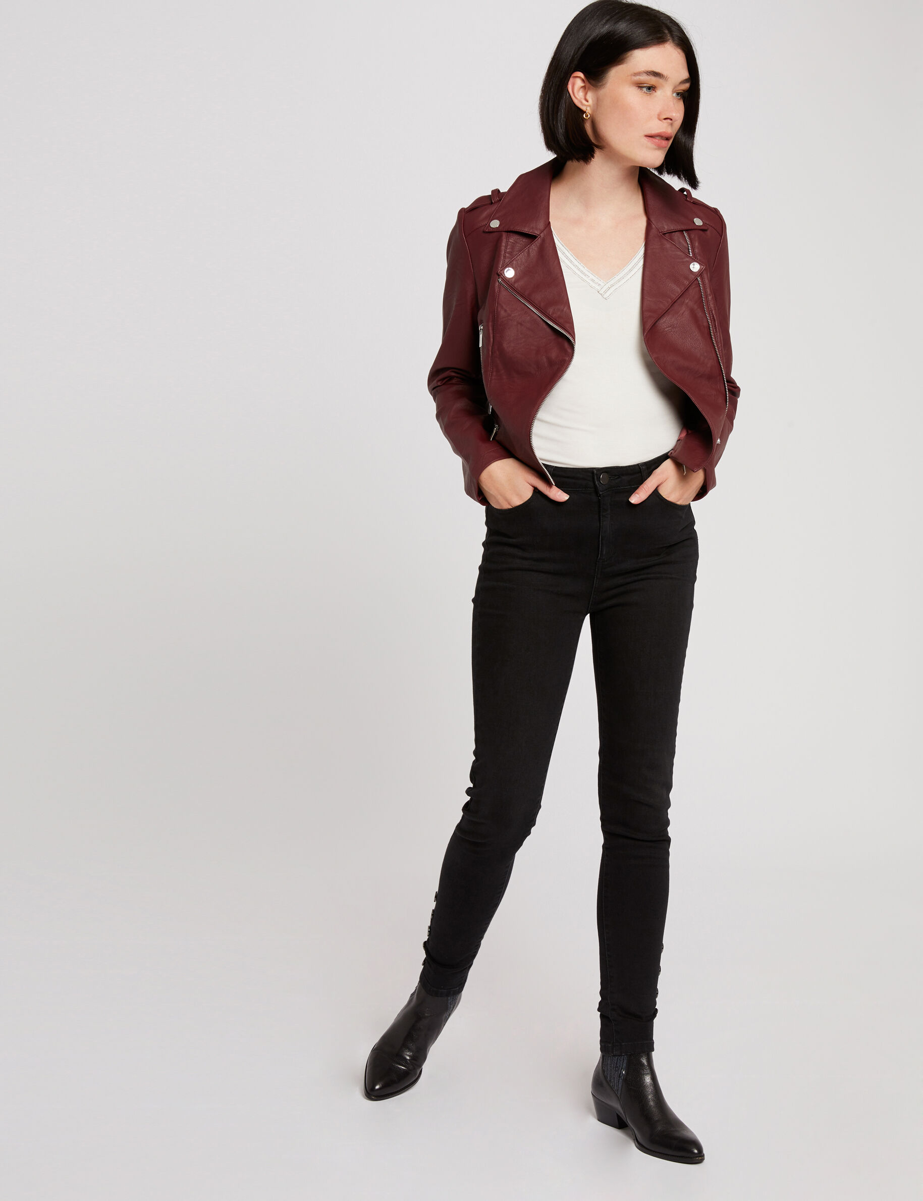 Blouson droit avec col cranté à revers bordeaux femme - bordeaux