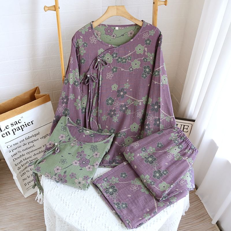 Somnus - Pyjamaset: Lange mouwen, bloemenprint, kikker, knoopjestop + broek