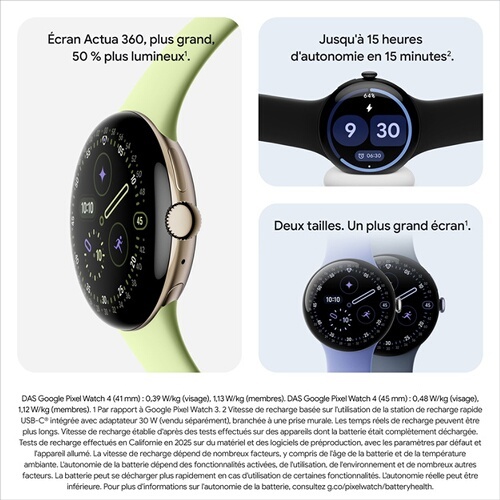 Montre connectée Google Pixel Watch 4 45 mm Bluetooth Argent Poli avec bracelet sport fluoroélastomère Porcelaine