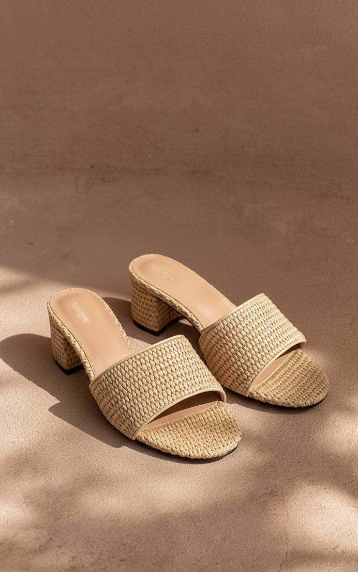 Naturel Mules À Talon Bloc En Raphia Coupe Large