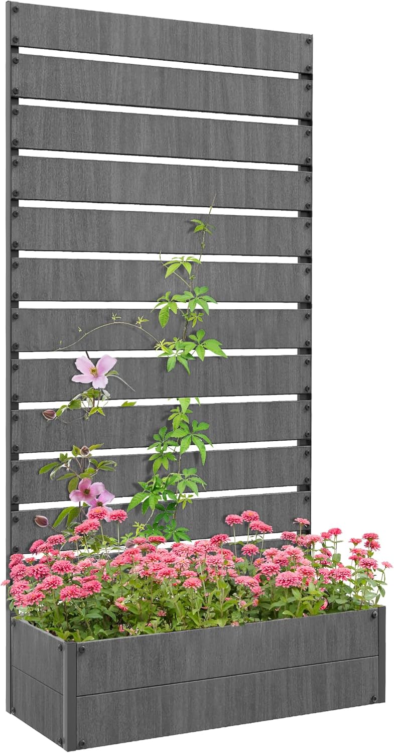 Outsunny Garten Pflanzkübel mit Rankgitter für Kletterpflanzen Reben Blumen Freistehendes Hochbeet für Garten Outdoor Terrasse Pflanzkasten mit Drainagespalt Dunkelgrau