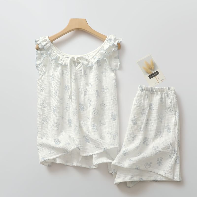 Finlies - Pyjamaset: Tanktop met kraag, konijnenprint, ruches en strik aan de voorkant + korte broek