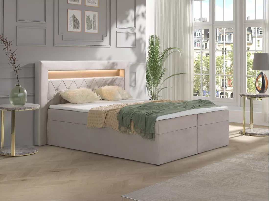 Ensemble complet literie déco tête de lit avec led + sommiers coffre + matelas + surmatelas - 180 x 200 cm - Velours - Beige - ORANA de YSMÉE