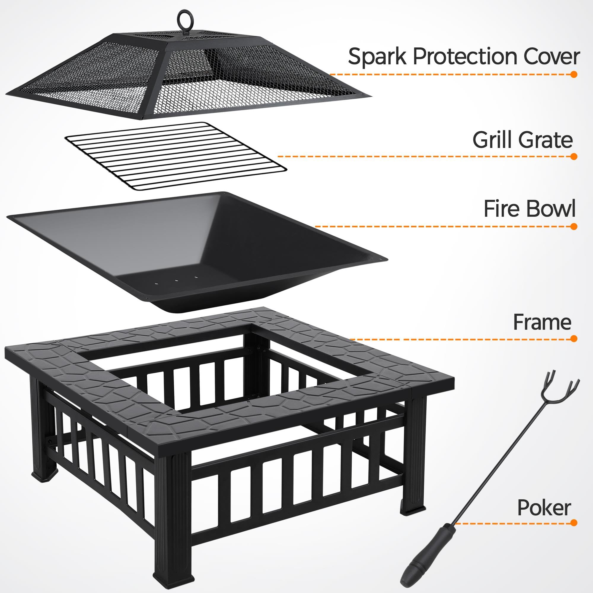 Yaheetech Brasero Extérieur 3 en 1 Carrée Multifonctionnelle 81x81x50cm pour Terrasse Balcon Poêles à Bois avec Couverture en Maille Poker Noir