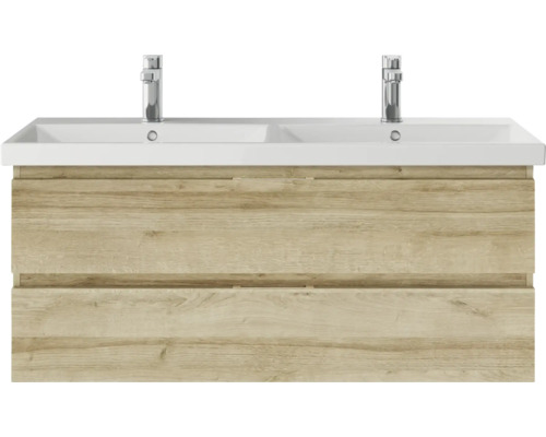 3-delige badkamermeubelset Pelipal serie 4035 BxHxD 120 x 200 x 45 cm, frontkleur eiken riviera, met keramische wastafel in wit en keramische dubbele wastafel, badmeubel, spiegelkast met LED-verlichting 40351200121470