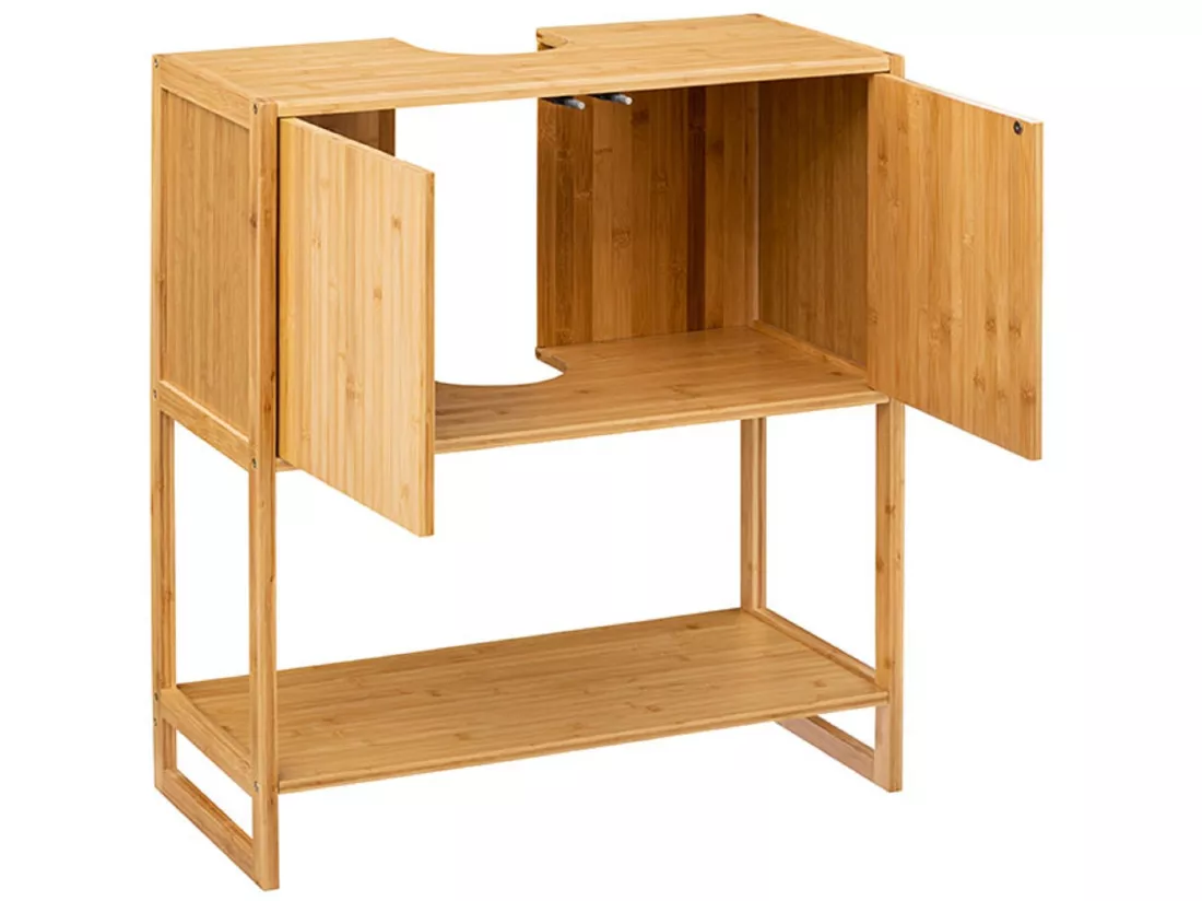 Meuble sous-lavabo, meuble de rangement en bambou / MDF coloris naturel - Longueur 69.8 x Profondeur 33.5 x Hauteur 80.2 cm