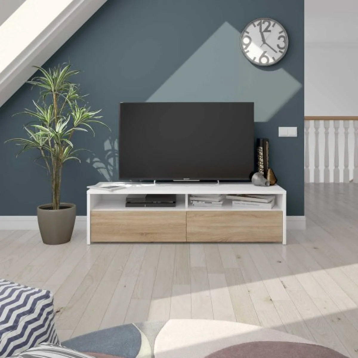 Alter - Meuble TV avec Compartiments Blanc et Chêne