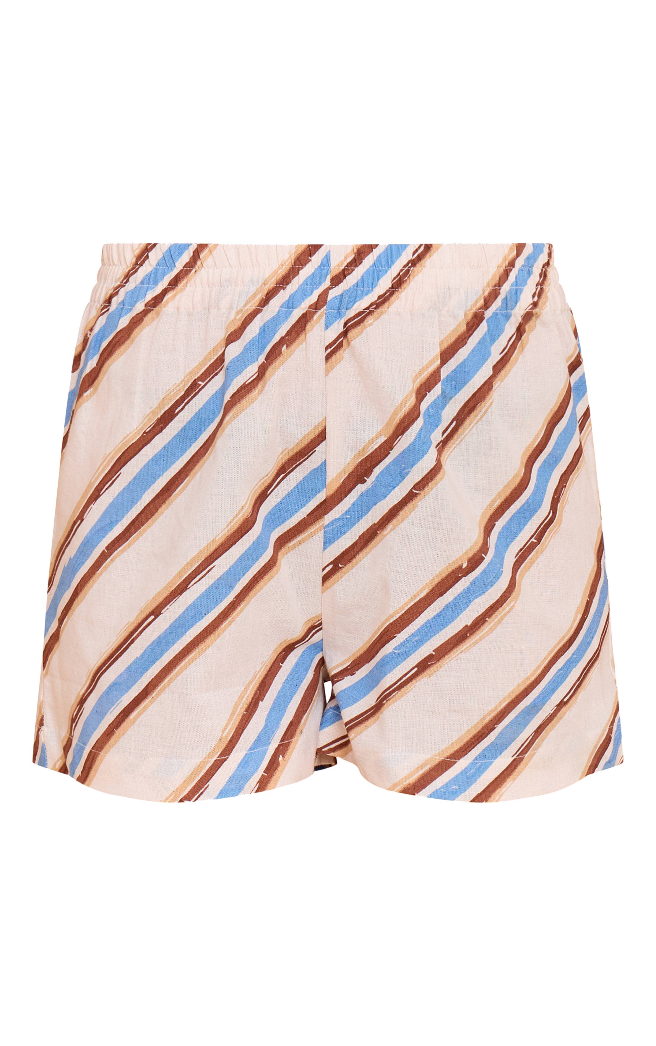 Bleu Short Petite Taille Haute Aspect Lin À Rayures