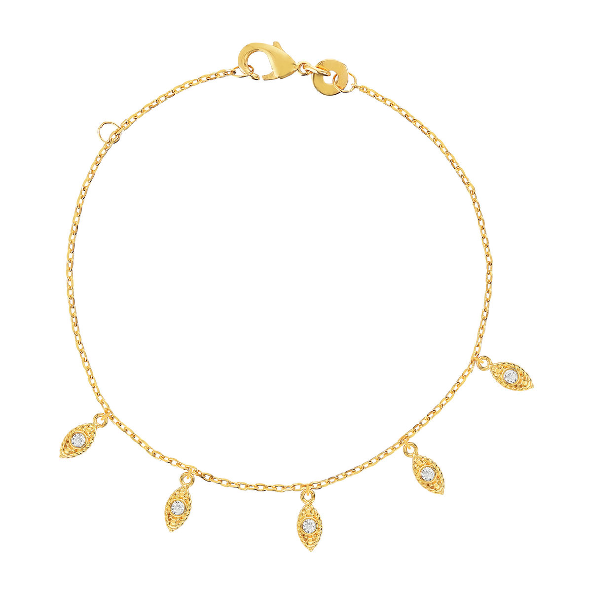 Bracelet plaqué or jaune, motif feuille zirconias 18 cm