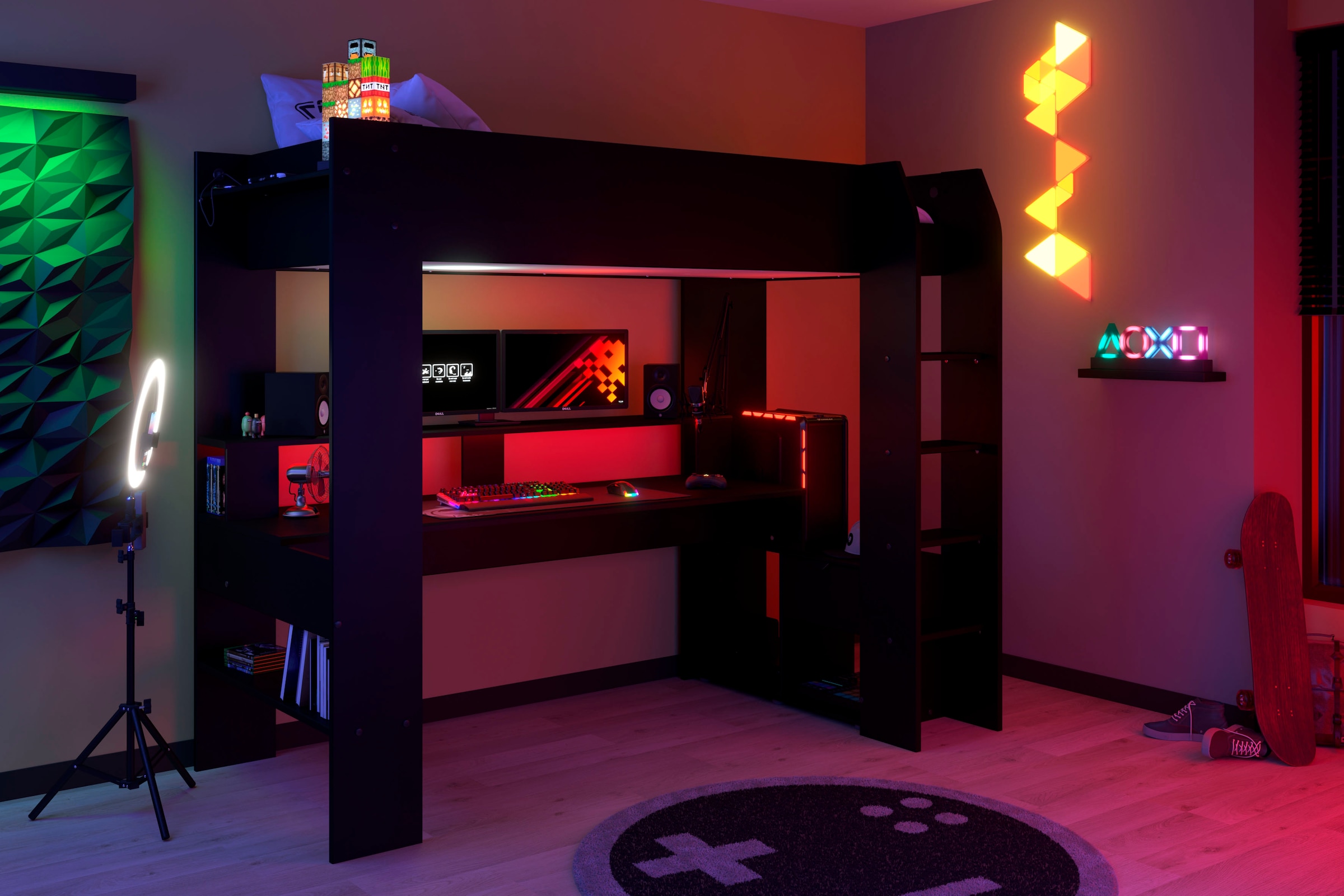 Parisot Hochbett »Gaming-Bett, mit Schreibtisch, USB Anschluss, LED, viel Stauraum« ideal für kleine Räume, TOPSELLER!