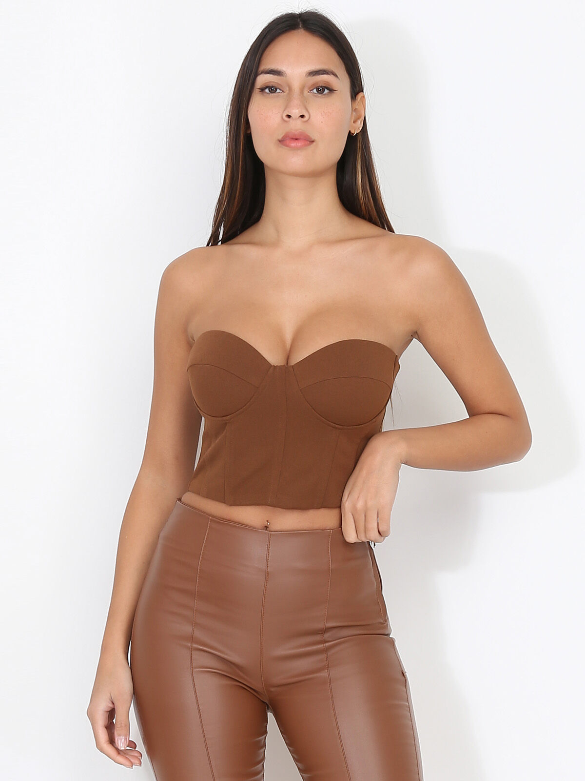 Bustier court corset à zip- Marron