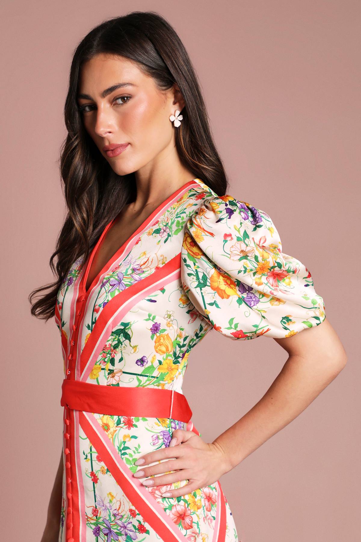 Coast Robe Midi En Satin À Encolure En V, Manches Bouffantes Et Imprimé Foulard