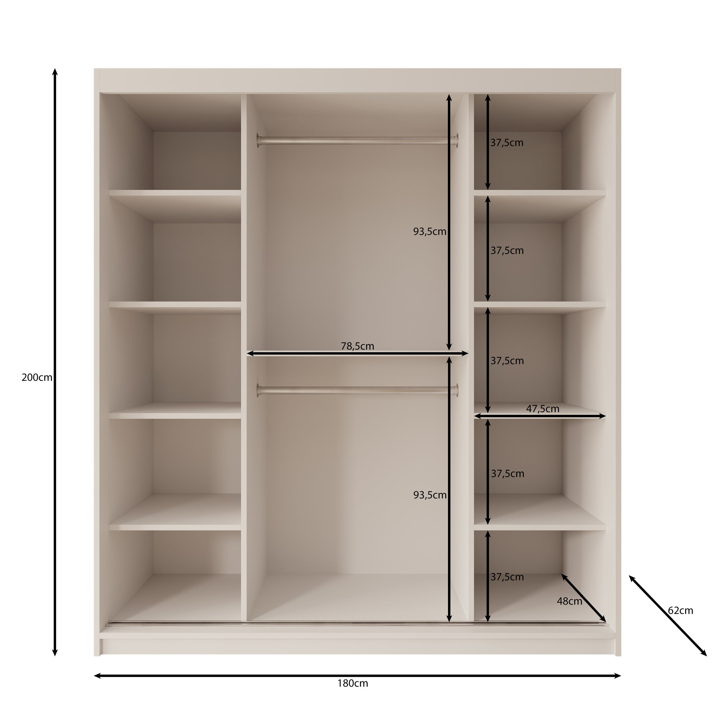 Sentoji - Kledingkast met 2 schuifdeuren - Wit - 180x62x200 cm
