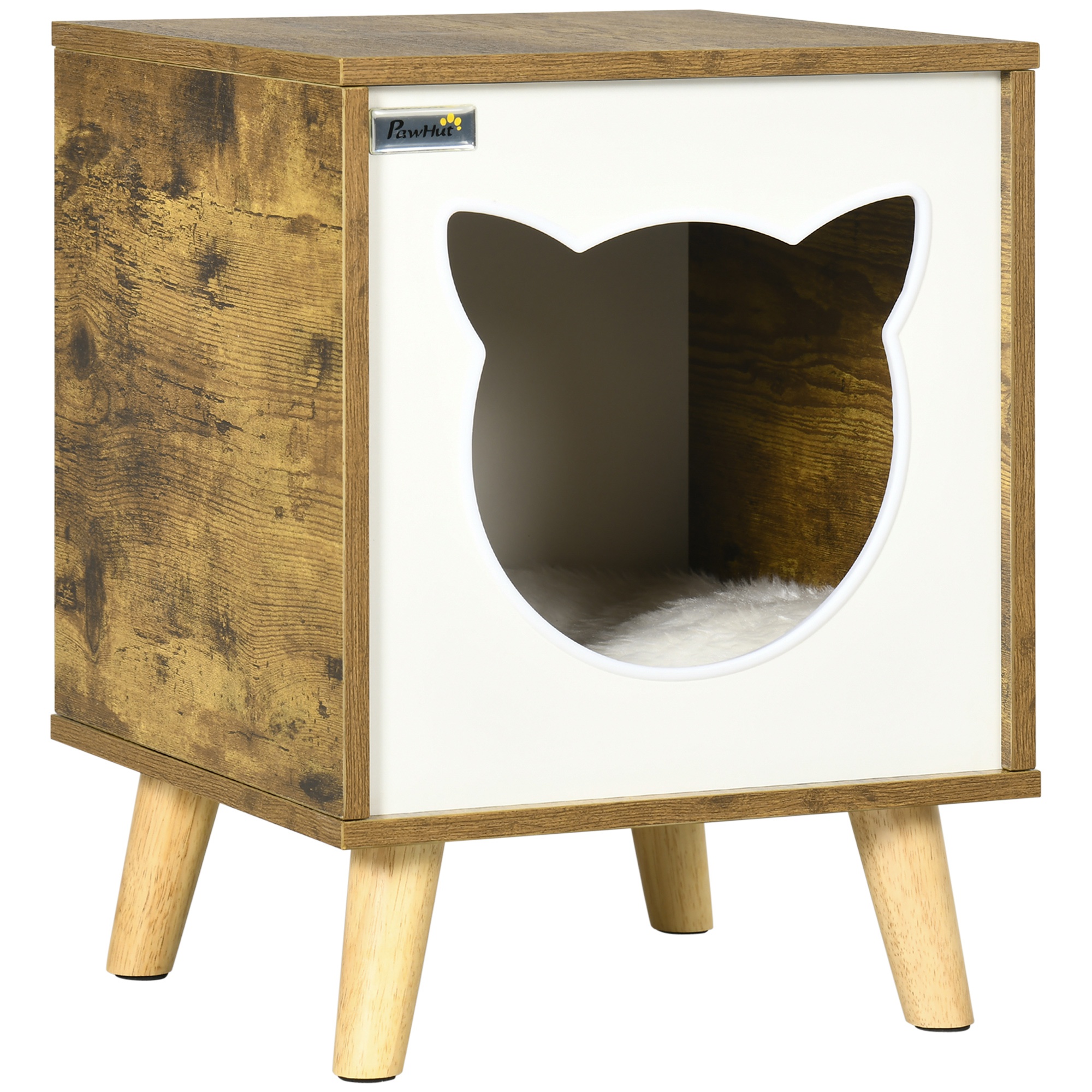 Casinha de madeira para gatos Pawhut, caverna para gatos de interior com almofada lavável e pés elevados, 34x34x44,5 cm, marrom.