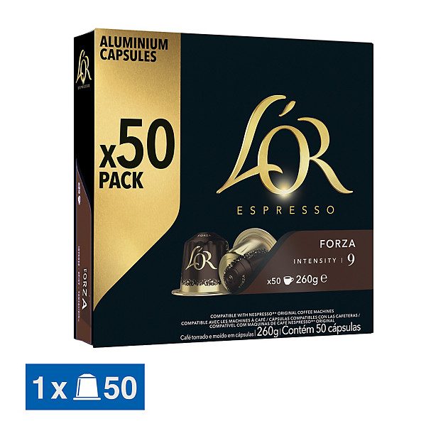 Café L'OR FORZA intensité 9, boite de 50 capsules