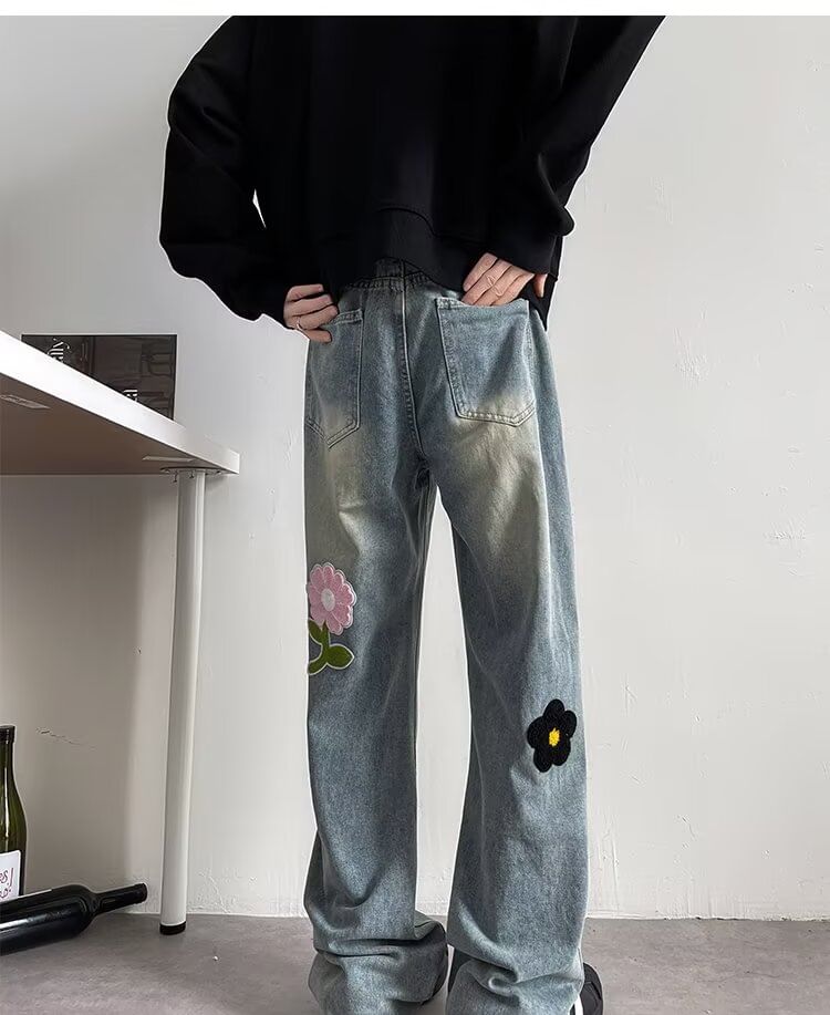 ROOSE - Mid Rise Washed Flower Wide Leg Jeans