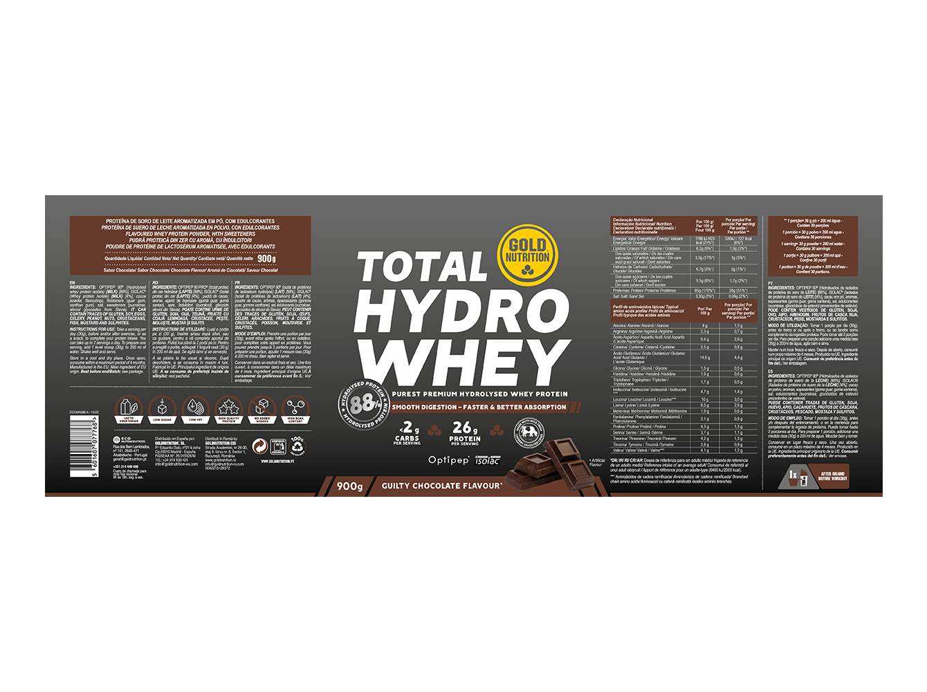 PROTEINA GOLDNUTRITION TOTAL HYDRO WHEY CHOCOLATE 900G
