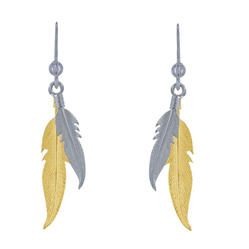 Boucles d'Oreilles Argent et Argent Doré Deux Plumes