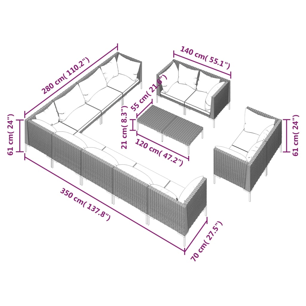 Salon de jardin meuble d'extérieur ensemble de mobilier 13 pièces avec coussins résine tressée gris foncé