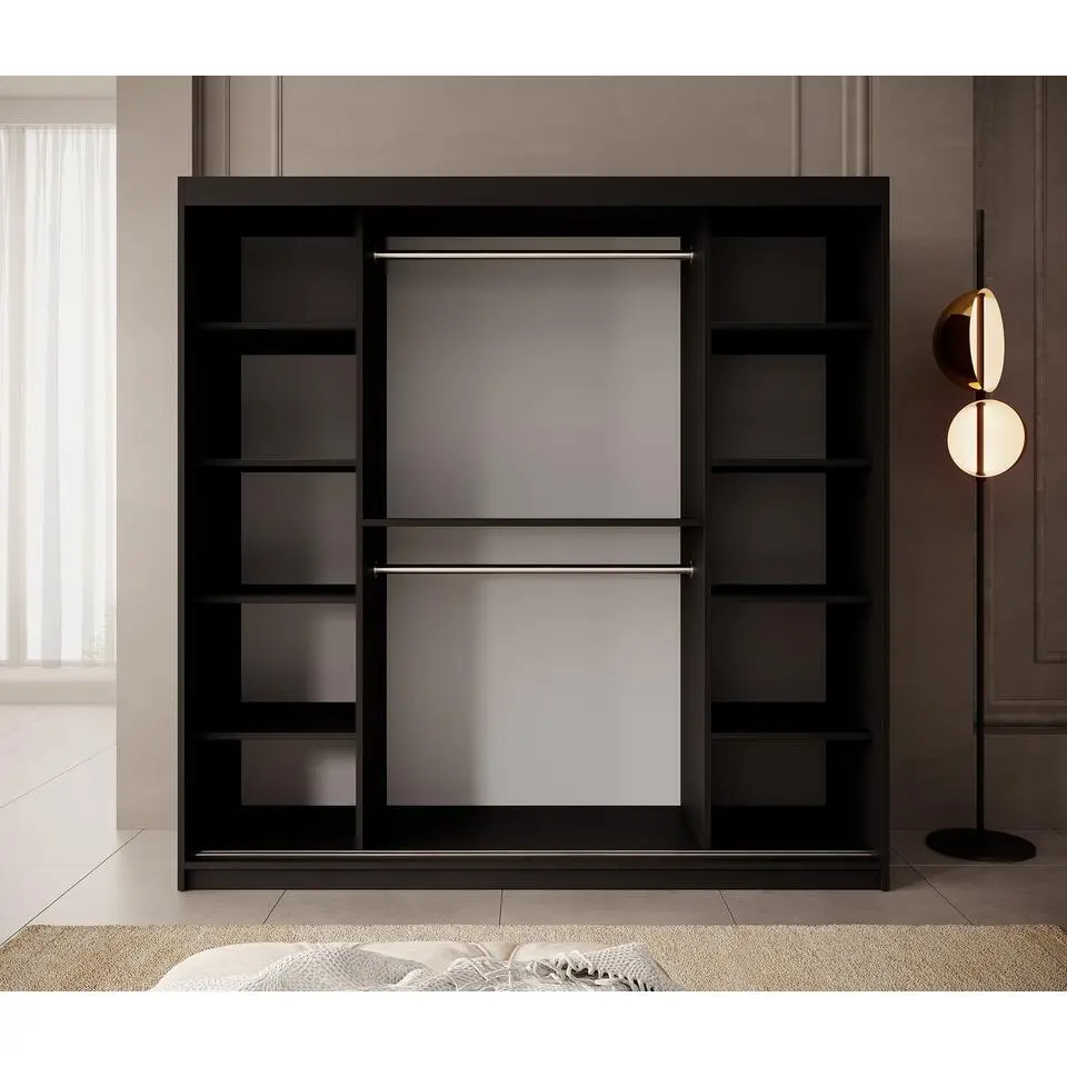 Meubella - Kledingkast Pete - Zwart - 200 cm - Met spiegel