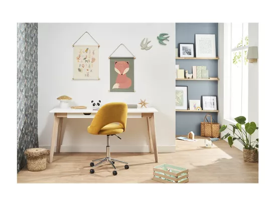 Chaise de bureau à roulettes en tissu effet velours texturé jaune moutarde et acier chromé COSETTE