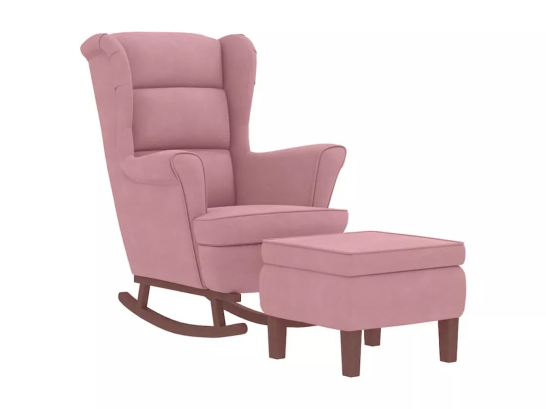 Chaise à bascule avec pieds en bois et tabouret Rose Velours