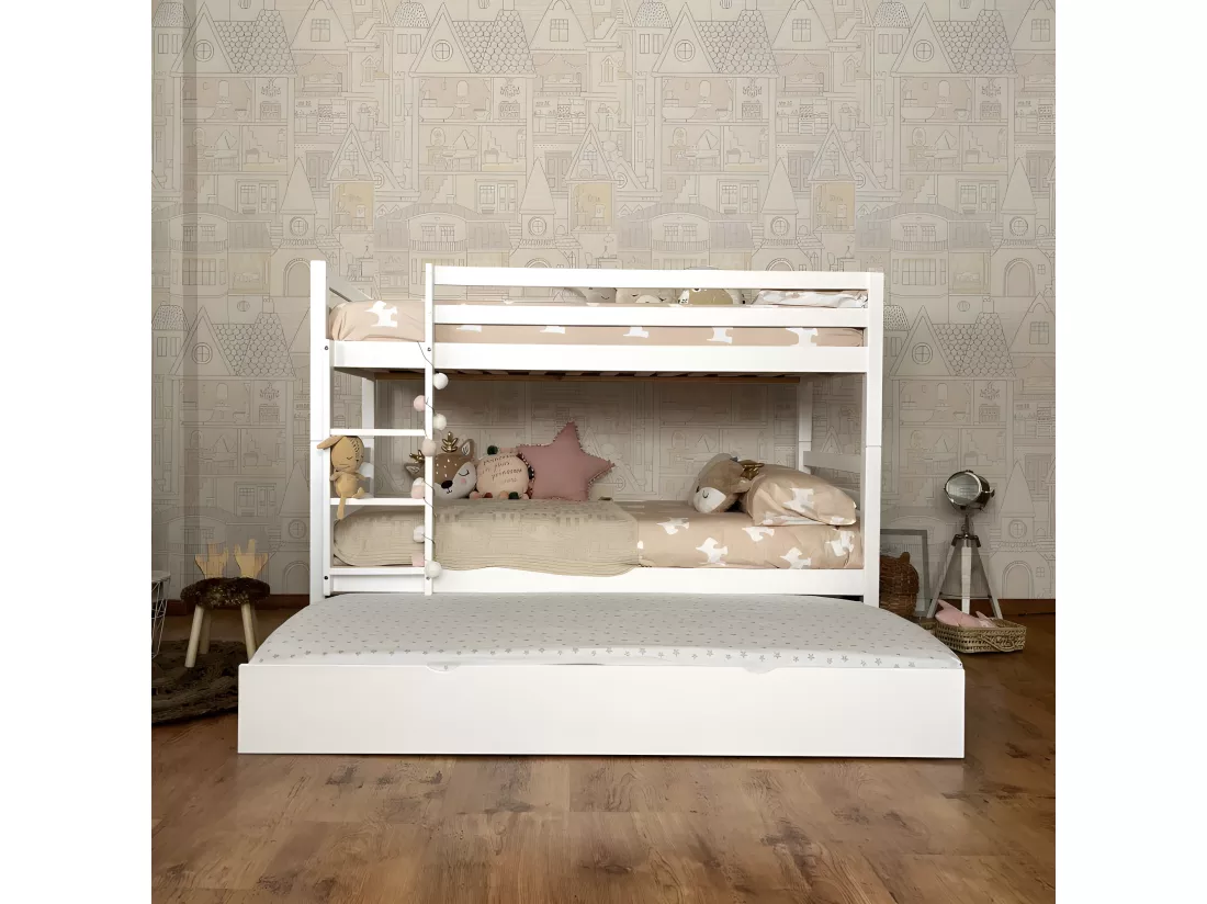 Lit superposé + tiroir de rangement bois blanc 90x195cm
