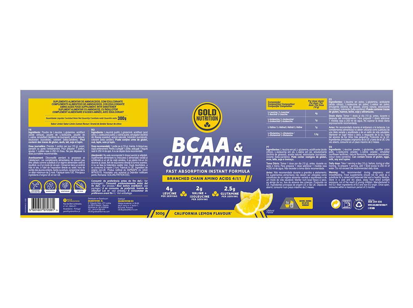SUPLEMENTO GOLDNUTRITION BCAA'S LIMÃO-LIMA 300G