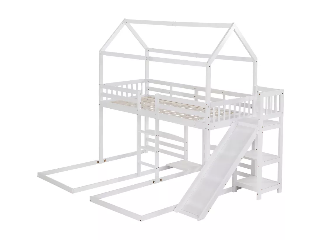 Lit superposé 90x200cm pour 3 enfants - toboggan avec étagères ouvertes - en bois de pin et MDF - Blanc