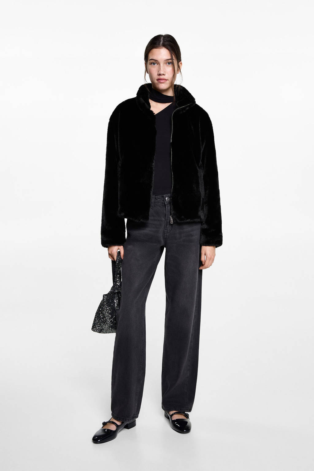MANGO TEEN faux fur jas zwart