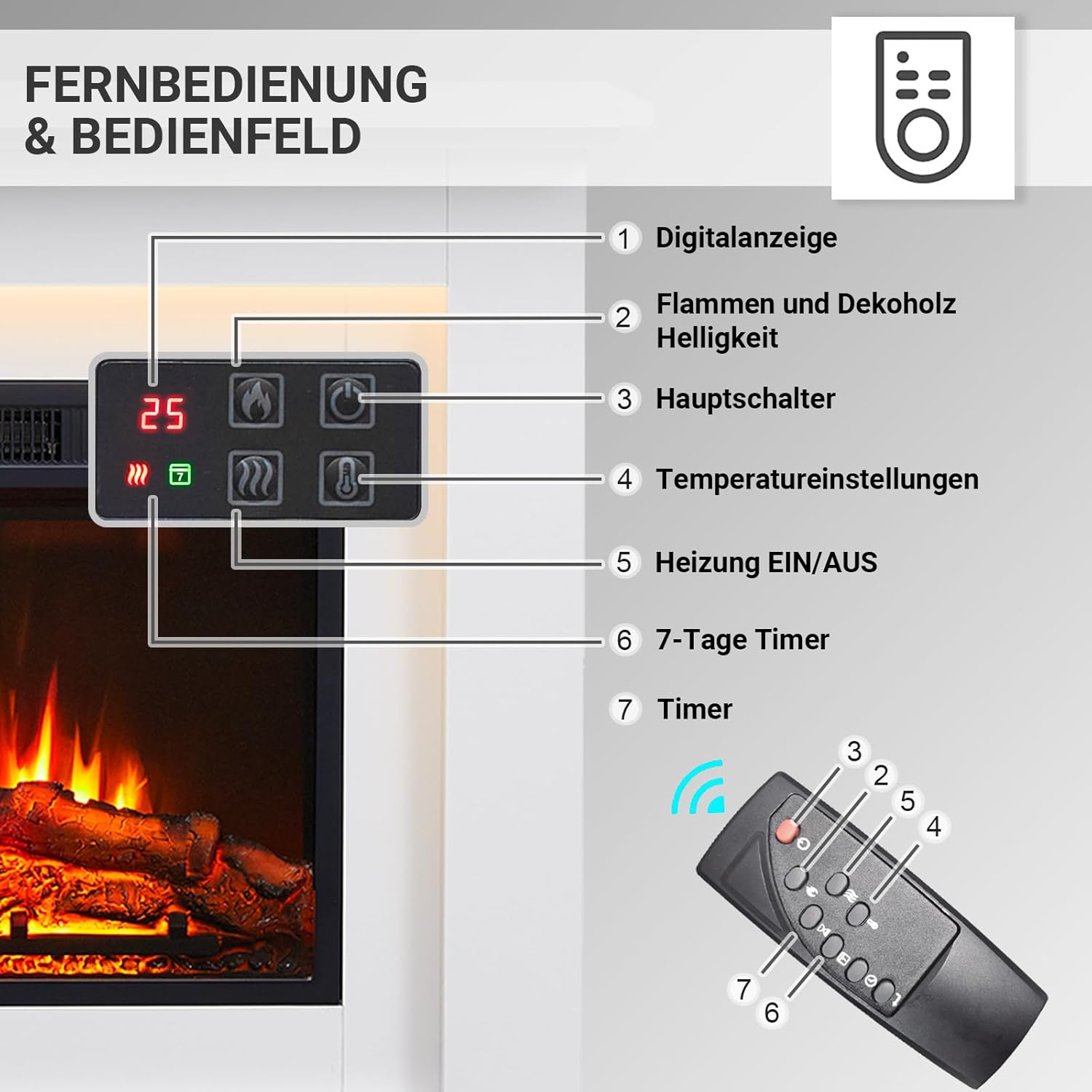 BALDERIA Finn Elektrokamin - Standkamin mit Heizung 2000 W, realistischer 3D-Flammeneffekt, Ambientebeleuchtung, Fernbedienung, Timer, Thermostat - Weiß