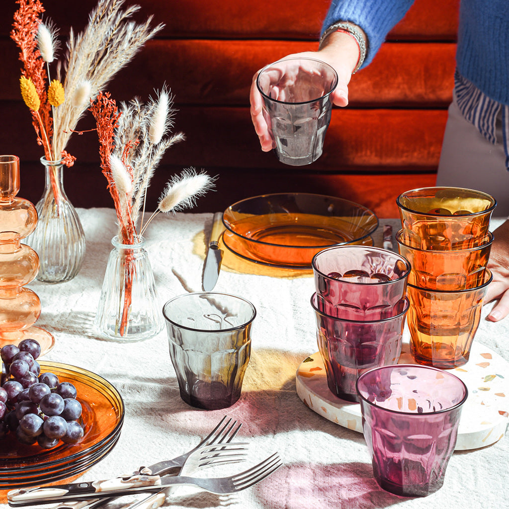 Le Picardie®  - Verre de table 25 cl - Panaché de 3 couleurs: Gris, Prune et Vermeil (Lot de 12)