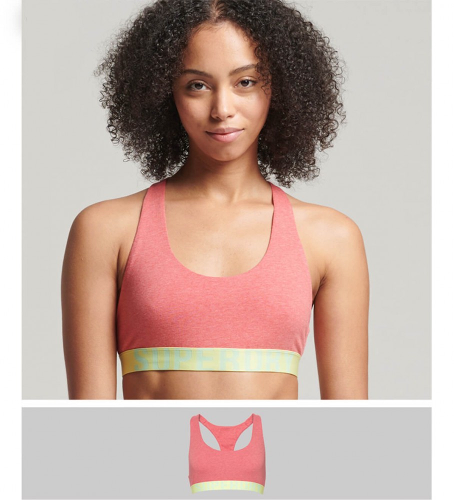 Sutiã curto estilo bralette em algodão orgânico Superdry com logo rosa grande.