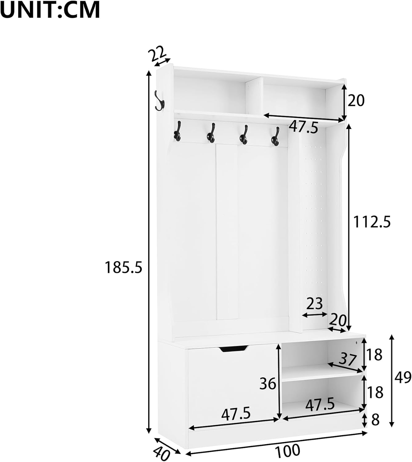Merax Flurgarderobe Garderobenschrank Flur, Garderobe mit Sitzbank, 6 Haken, 1 Türen & 4 Offener Lagerraum, 100×185.5×40 cm, Weiß