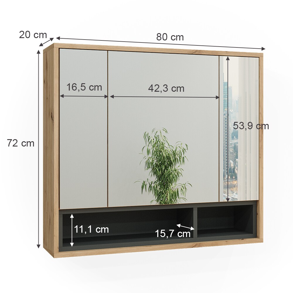Vicco Spiegelschrank Badschrank Badezimmermöbel Beatrice Eiche Anthrazit modern 80x72 cm Badspiegel Badezimmer Schrank Badmöbel Schranktür Schrankfach